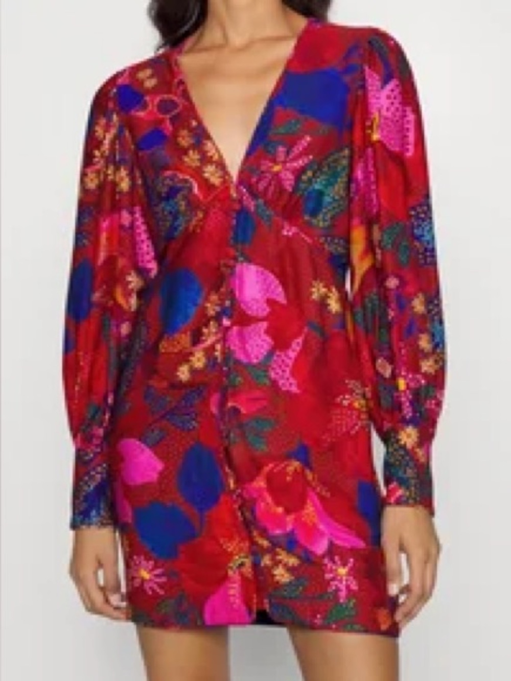 NEW with tags FARM Rio Red Floral-Print Long-Sleeve Mini Dress